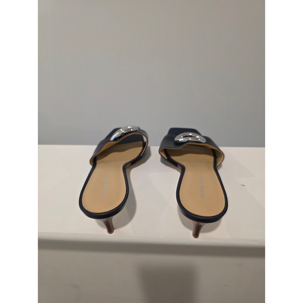 Women's sz 6 B Michael Kors Milan Mule Sandal Blue Leather MK Logo Kitten Heel - Picture 6 of 9